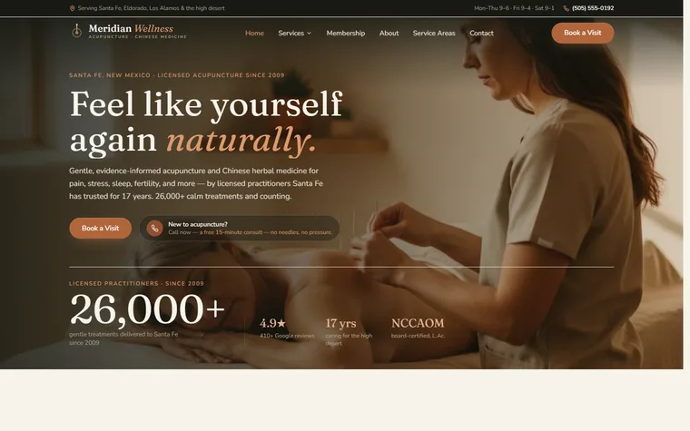 Acupuncture & Chinese Medicine website example - Meridian Acupuncture & Wellness home page