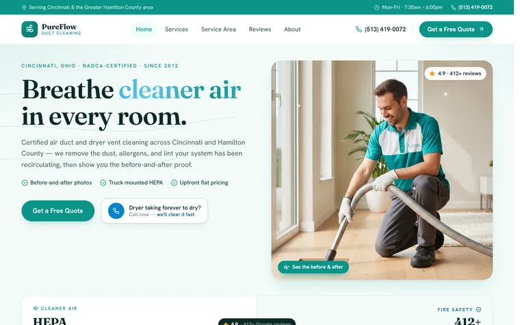 Air Duct & Dryer Vent Cleaning website example - PureFlow Duct Cleaning home page