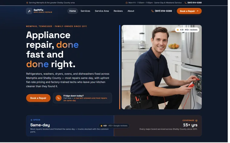 Appliance Repair website example - SwiftFix Appliance Repair home page