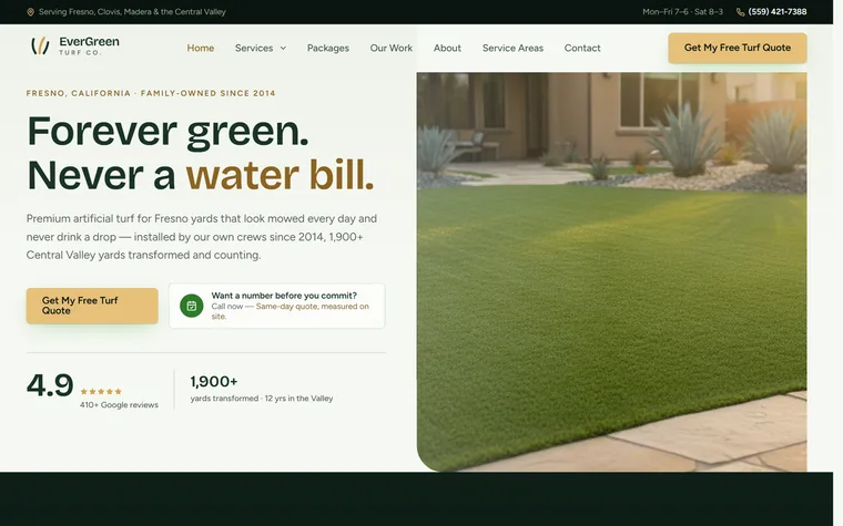 Artificial Turf Installation website example - EverGreen Turf Co. home page