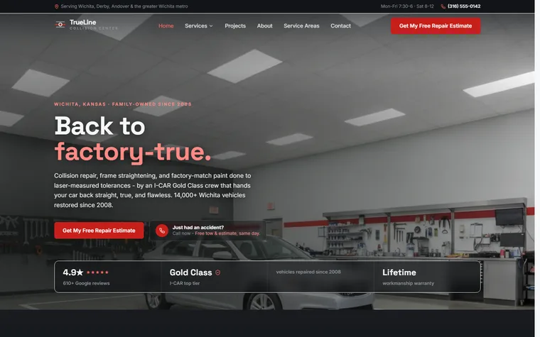 Auto Body & Collision Repair website example - TrueLine Collision Center home page