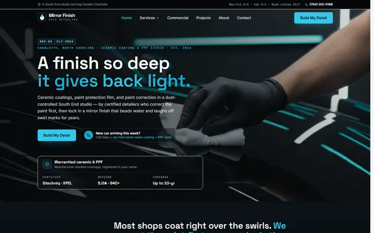 Auto Detailing (Ceramic & PPF) website example - Mirror Finish Auto Detailing home page