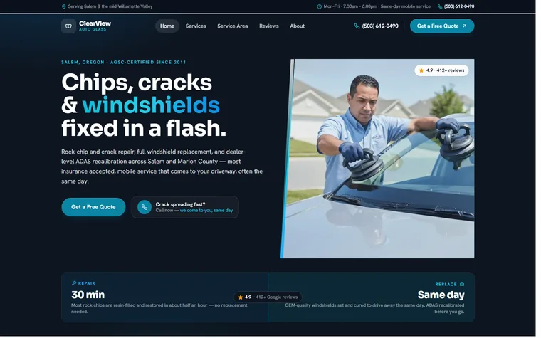 Auto Glass & Windshield Repair website example - ClearView Auto Glass home page