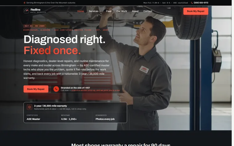 Auto Repair & Mechanic website example - Redline Auto Service home page