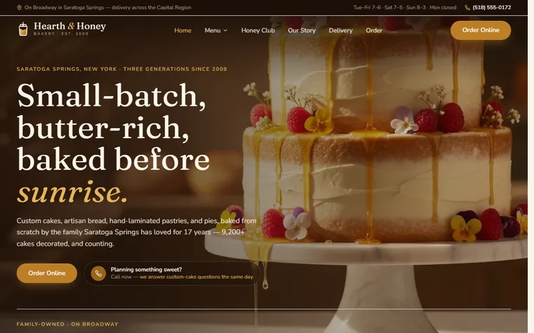 Bakery website example - Hearth & Honey Bakery home page
