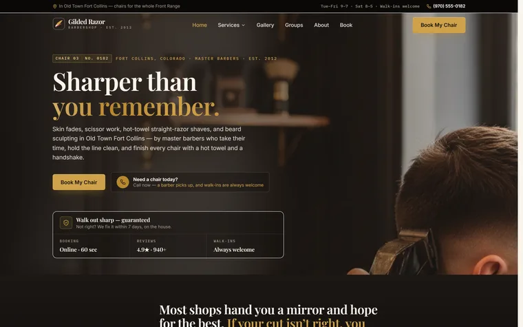 Barbershop website example - The Gilded Razor Barbershop home page