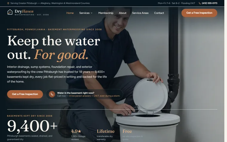 Basement Waterproofing website example - DryHaven Waterproofing home page