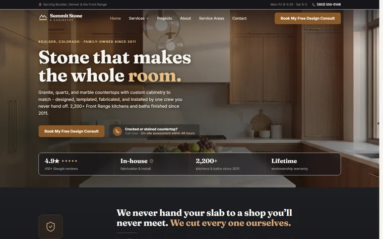 Countertops & Cabinetry website example - Summit Stone & Cabinetry home page