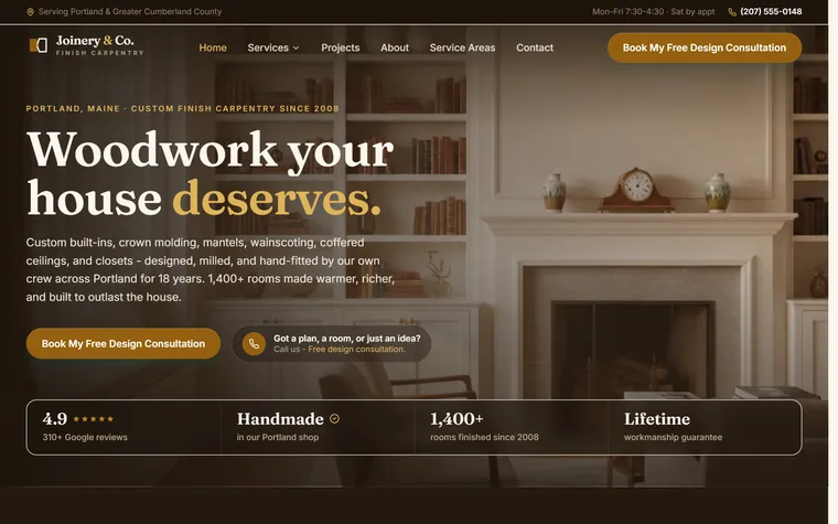 Finish Carpentry & Custom Woodwork website example - Joinery & Co. Finish Carpentry home page