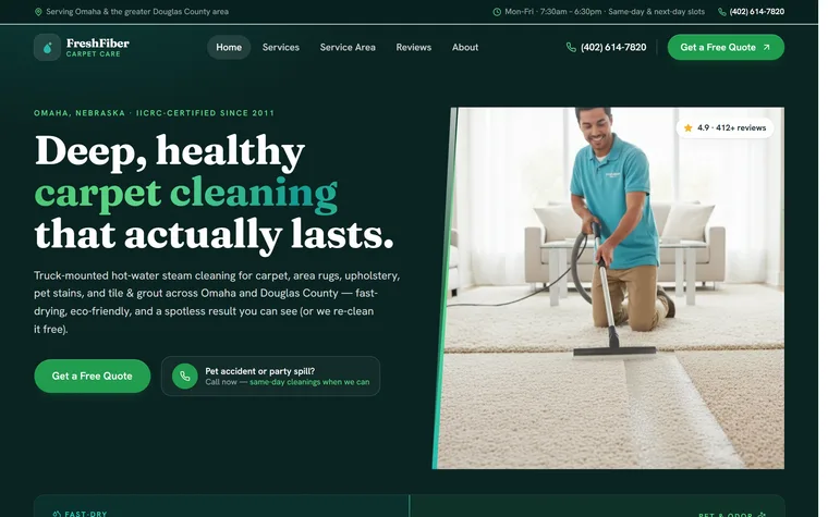 Carpet & Upholstery Cleaning website example - FreshFiber Carpet Care home page