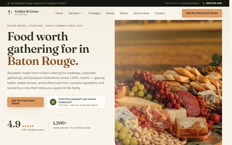 Catering website example - Gather & Graze Catering home page