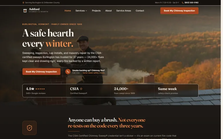 Chimney Sweep & Repair website example - Ashford Chimney & Hearth home page
