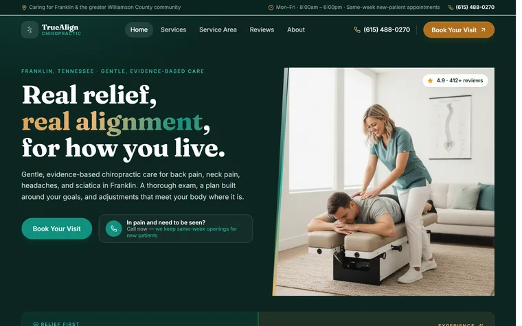Chiropractic Clinic website example - TrueAlign Chiropractic home page