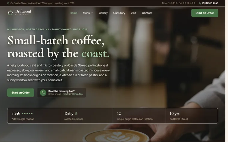 Coffee Shop website example - Driftwood Coffee Co. home page