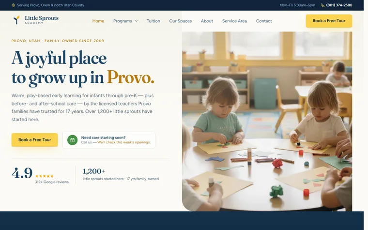 Daycare website example - Little Sprouts Academy home page