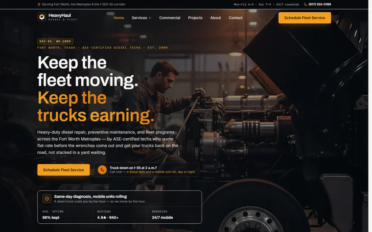 Diesel & Fleet Repair website example - HeavyHaul Diesel & Fleet home page