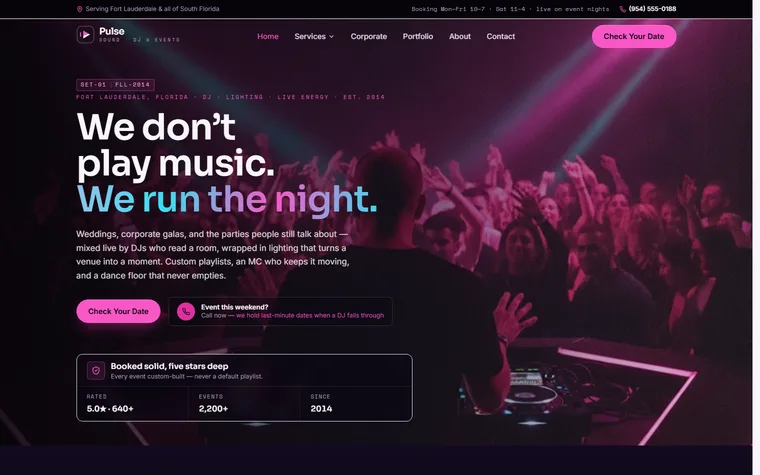 DJ & Event Entertainment website example - Pulse Sound DJ & Events home page