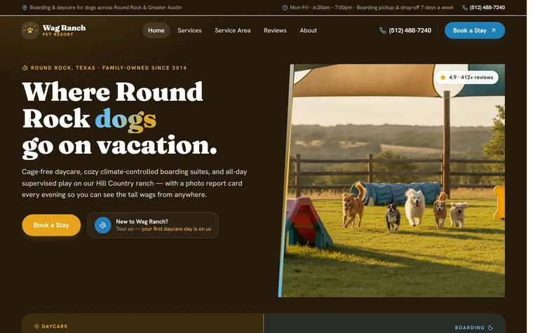 Dog Boarding & Daycare website example - Wag Ranch Pet Resort home page