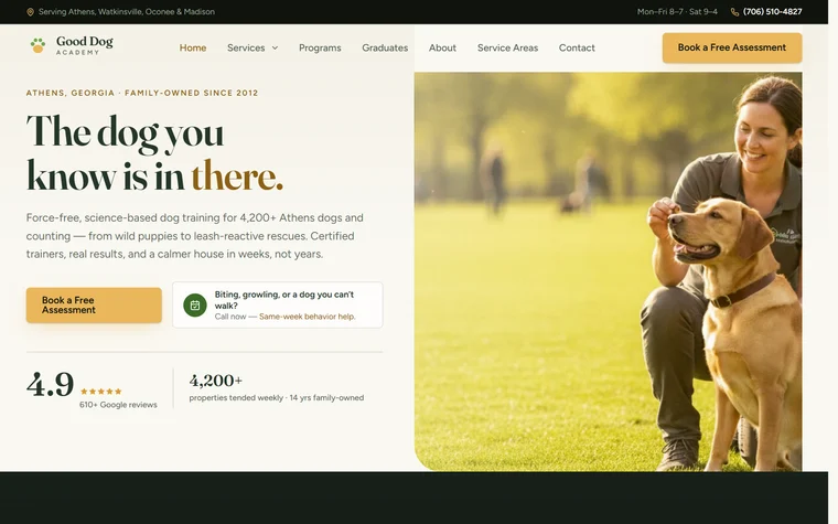 Dog Training website example - Good Dog Academy home page