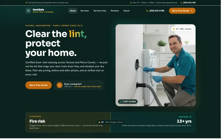 Dryer Vent Cleaning website example - VentSafe Dryer Vent Cleaning home page