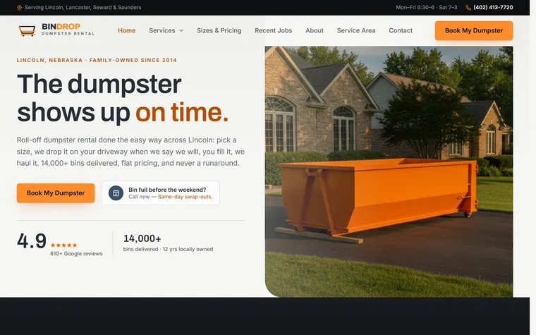 Dumpster Rental website example - BinDrop Dumpster Rental home page