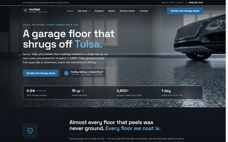 Epoxy & Garage Floor Coating website example - IronClad Garage Coatings home page