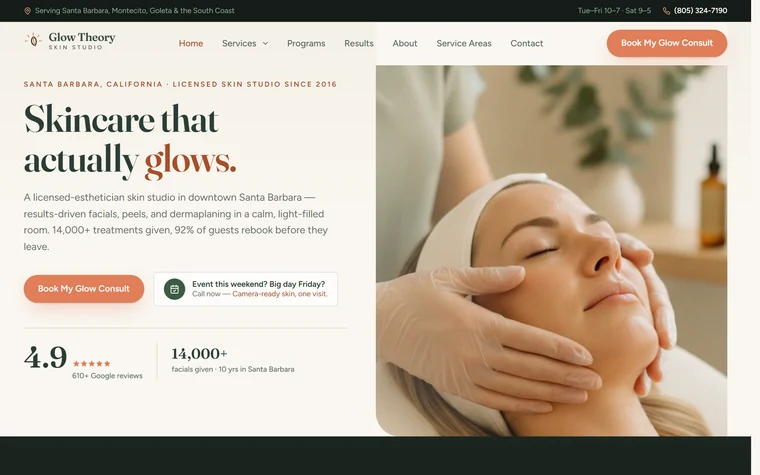 Skincare & Facials website example - Glow Theory Skin Studio home page