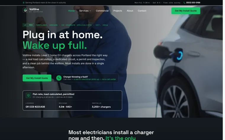 EV Charger Installation website example - Voltline EV Charging home page