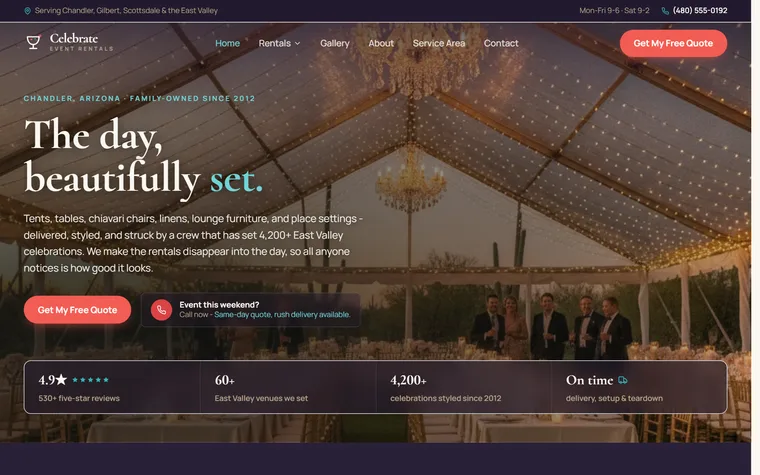 Event & Party Rentals website example - Celebrate Event Rentals home page