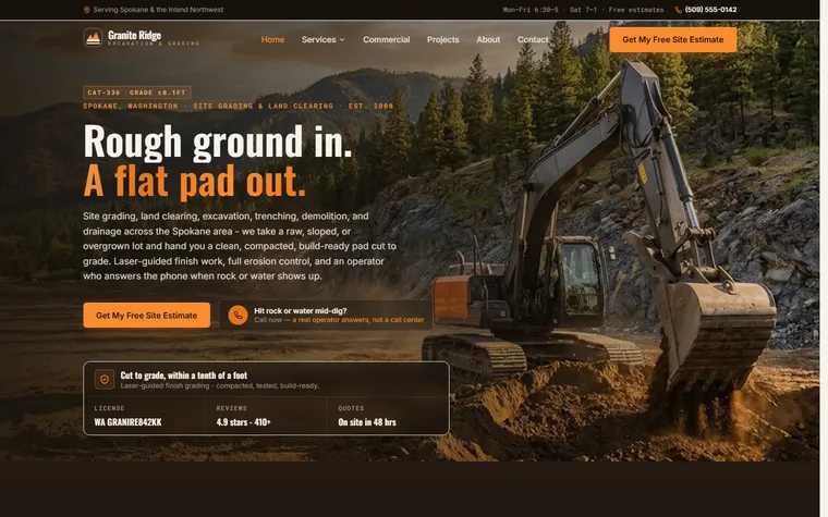 Excavation & Grading website example - Granite Ridge Excavation home page