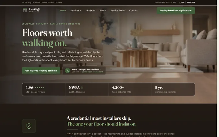 Flooring Installation website example - Heritage Floor Co. home page