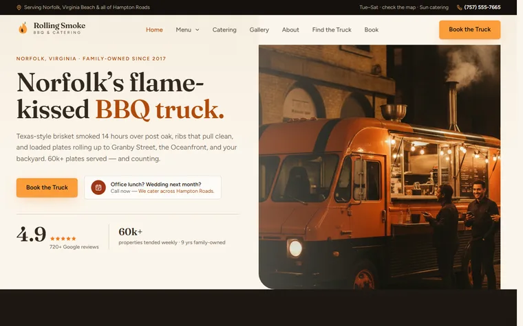 Food Truck website example - Rolling Smoke BBQ home page
