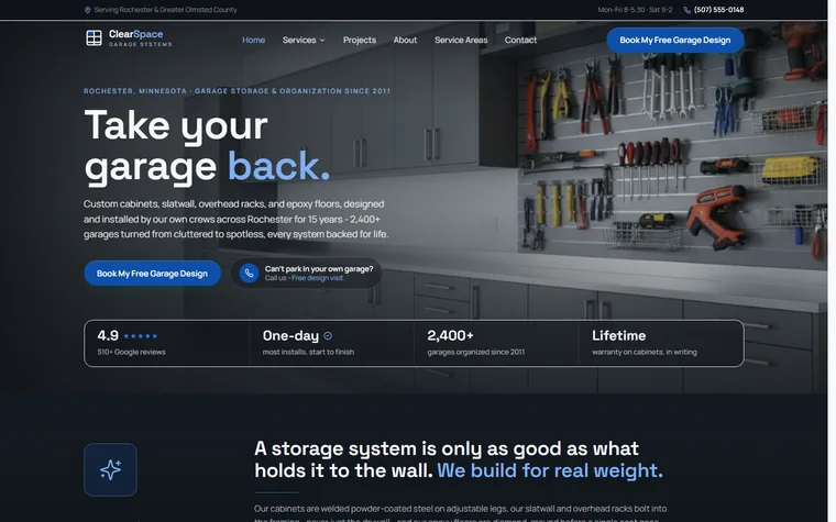 Garage Storage & Organization website example - ClearSpace Garage home page