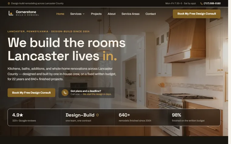 General Contractor / Home Remodeling website example - Cornerstone Build & Remodel home page