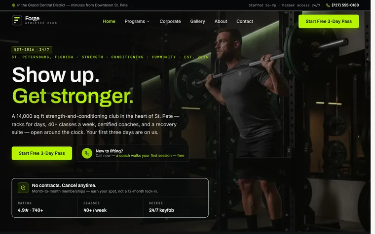 Gym & Fitness Club website example - Forge Athletic Club home page