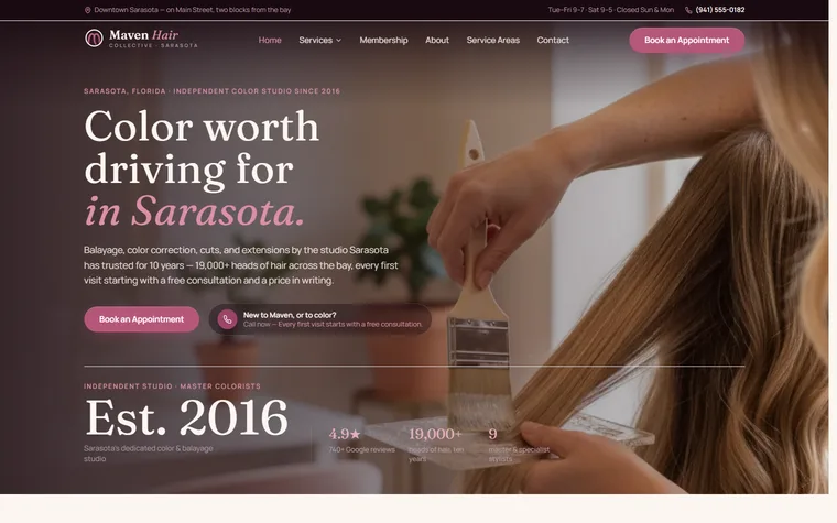 Hair Salon website example - Maven Hair Collective home page
