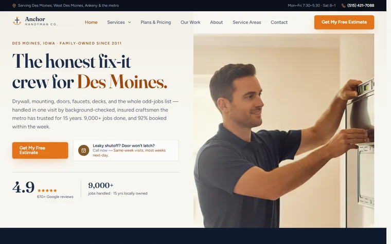 Handyman Services website example - Anchor Handyman Co. home page