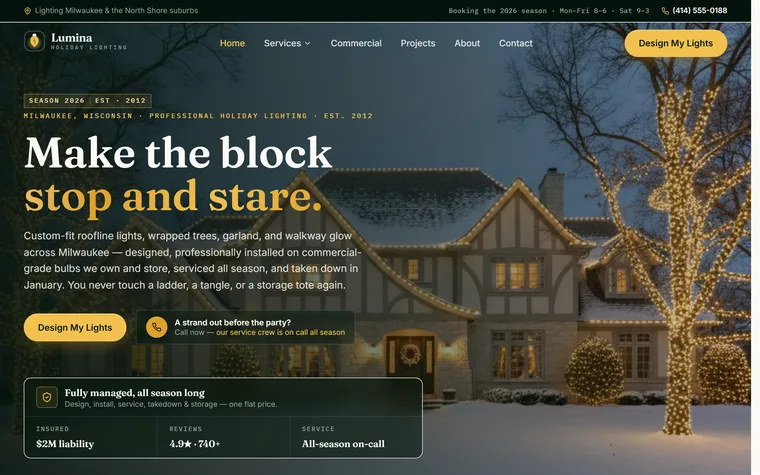 Holiday & Christmas Lighting website example - Lumina Holiday Lighting home page