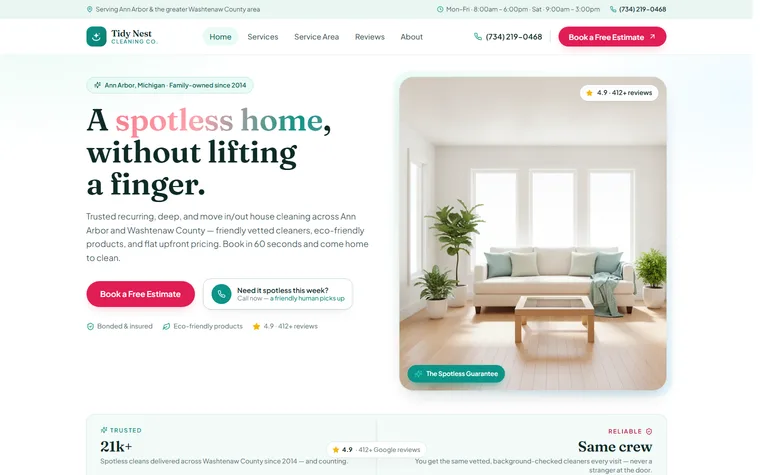 House Cleaning & Maid Service website example - Tidy Nest Cleaning Co. home page