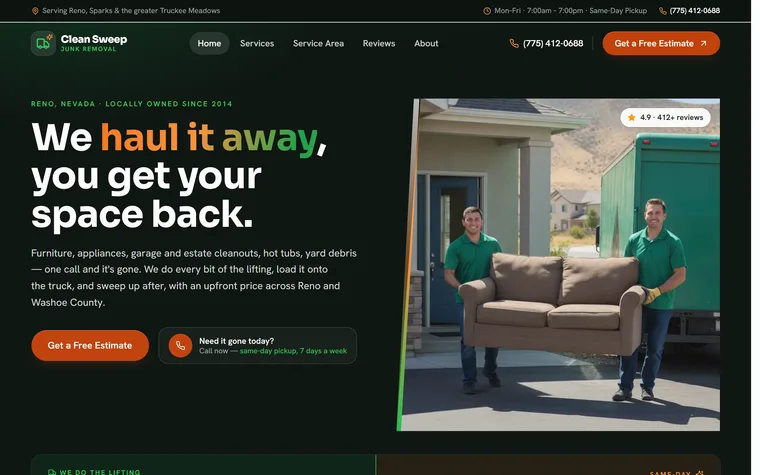 Junk Removal & Hauling website example - Clean Sweep Junk Removal home page