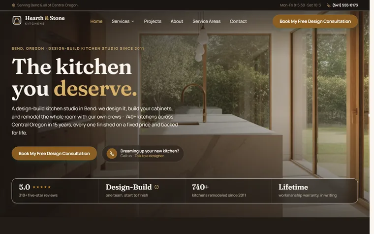 Kitchen Remodeling website example - Hearth & Stone Kitchens home page