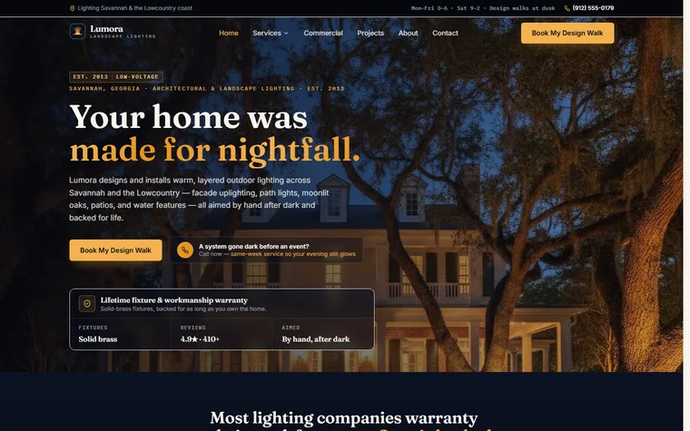 Landscape & Outdoor Lighting website example - Lumora Landscape Lighting home page