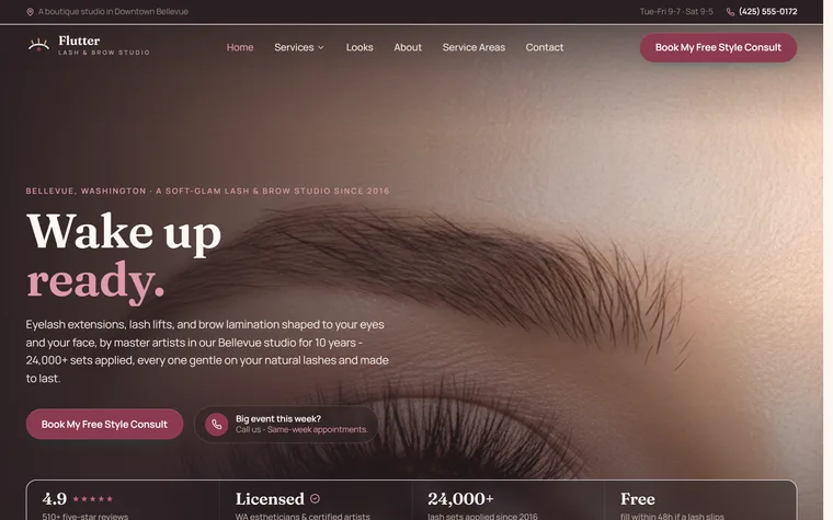 Lash & Brow Studio website example - Flutter Lash & Brow Studio home page