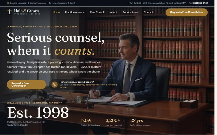 Law Firm website example - Hale & Crowe Law home page