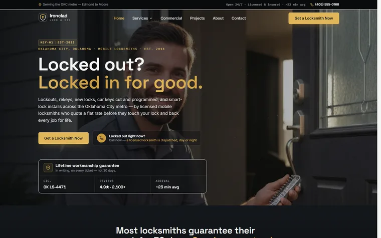 Locksmith website example - Ironclad Lock & Key home page