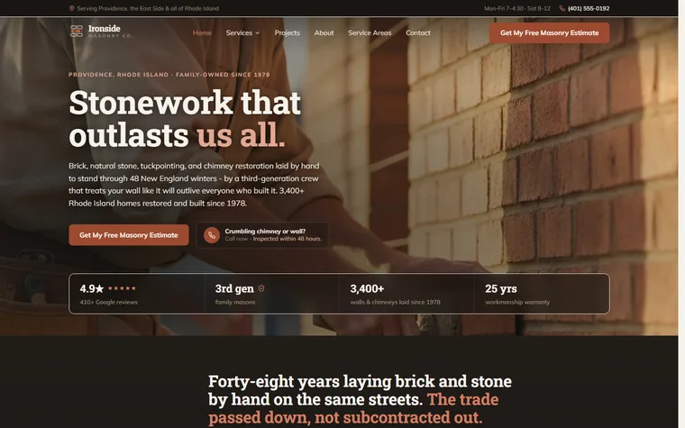 Masonry (Brick & Stone) website example - Ironside Masonry Co. home page