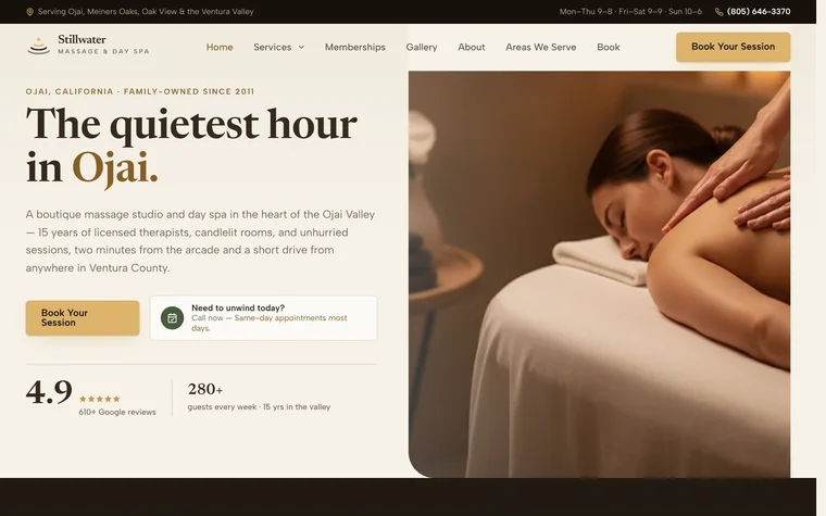 Massage Therapy & Day Spa website example - Stillwater Massage & Day Spa home page