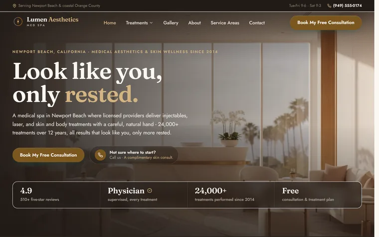 Med Spa & Aesthetics website example - Lumen Aesthetics Med Spa home page