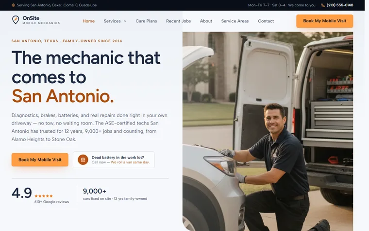 Mobile Mechanic website example - OnSite Mobile Mechanics home page