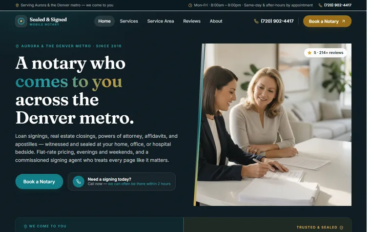 Mobile Notary website example - Sealed & Signed Mobile Notary home page